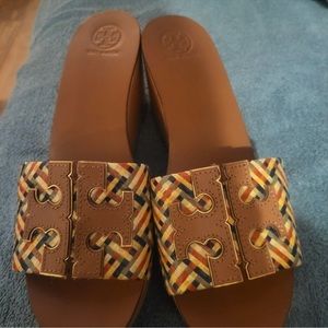 Tory Burch  wedges,  wooden heel,  multi color  woven upper